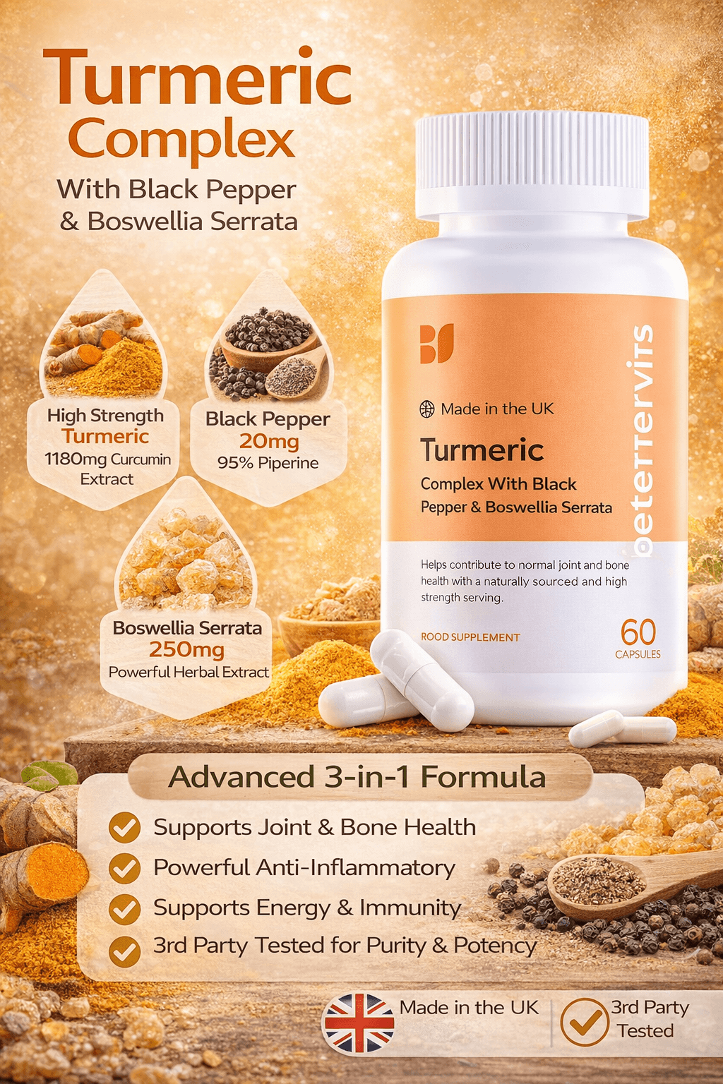 Bettervits Turmeric and Black Pepper Capsules with Boswellia Serrata - 10,000mg Curcumin Supplement | Turmeric Tablets Complex for Joint Support.
