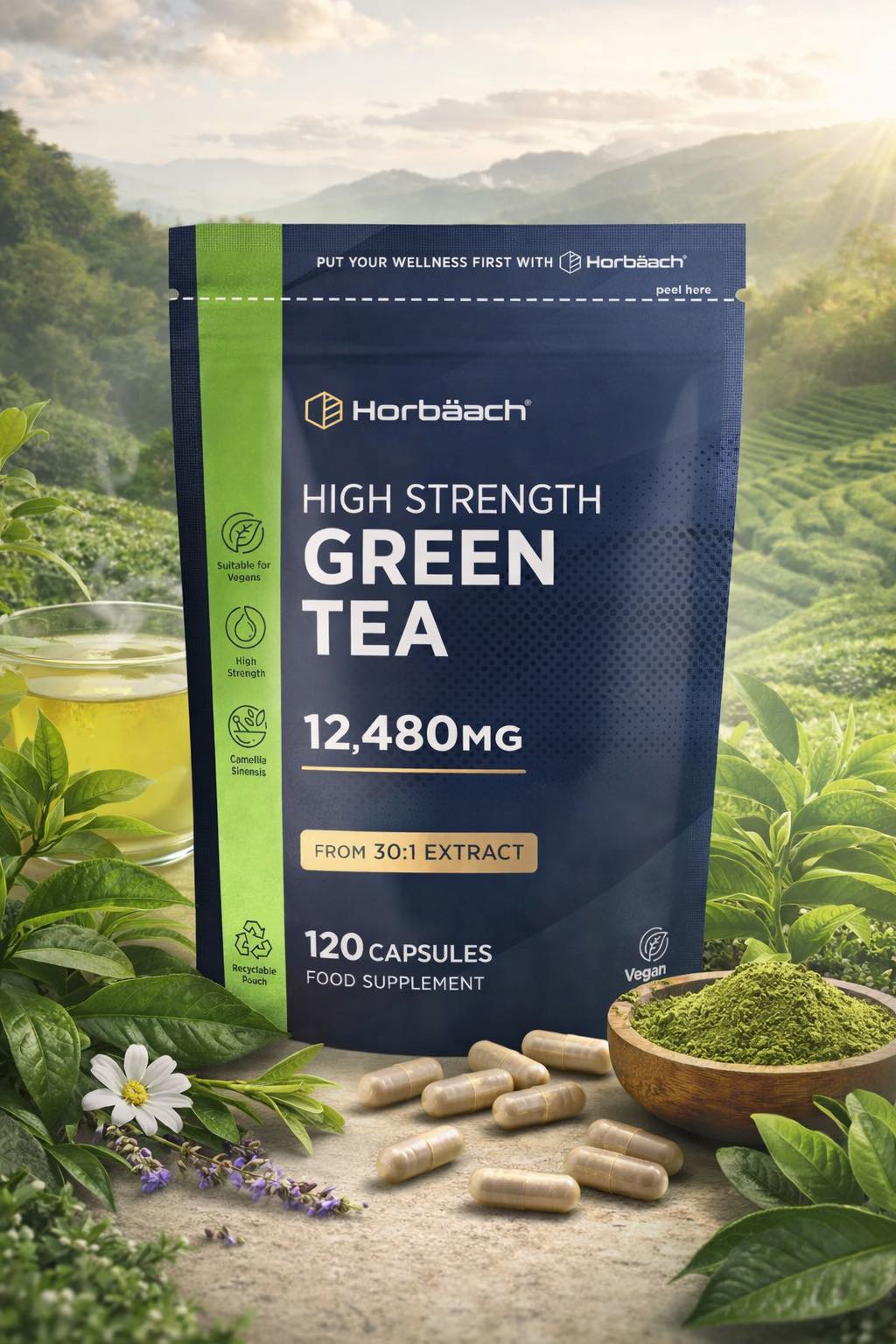 Green Tea Capsules 12,480mg | High Strength Green Tea Extract | Contains Polyphenols | 120 Powder Capsules | Vegan | by Horbaach