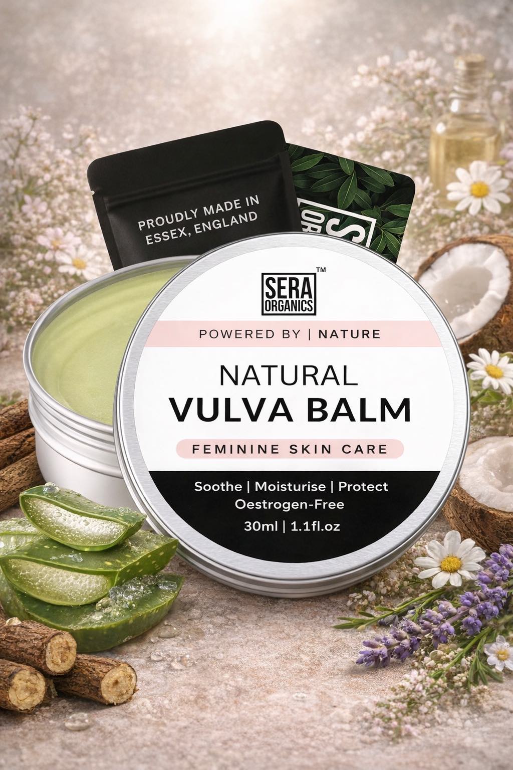 Natural Vulva Moisturiser for Vaginal Dryness - Menopause Support, Oestrogen-Free Vulva Balm, Relieves Irritation, Itching, Chafing, Odour, and Discomfort (30ml) by Sera Organics